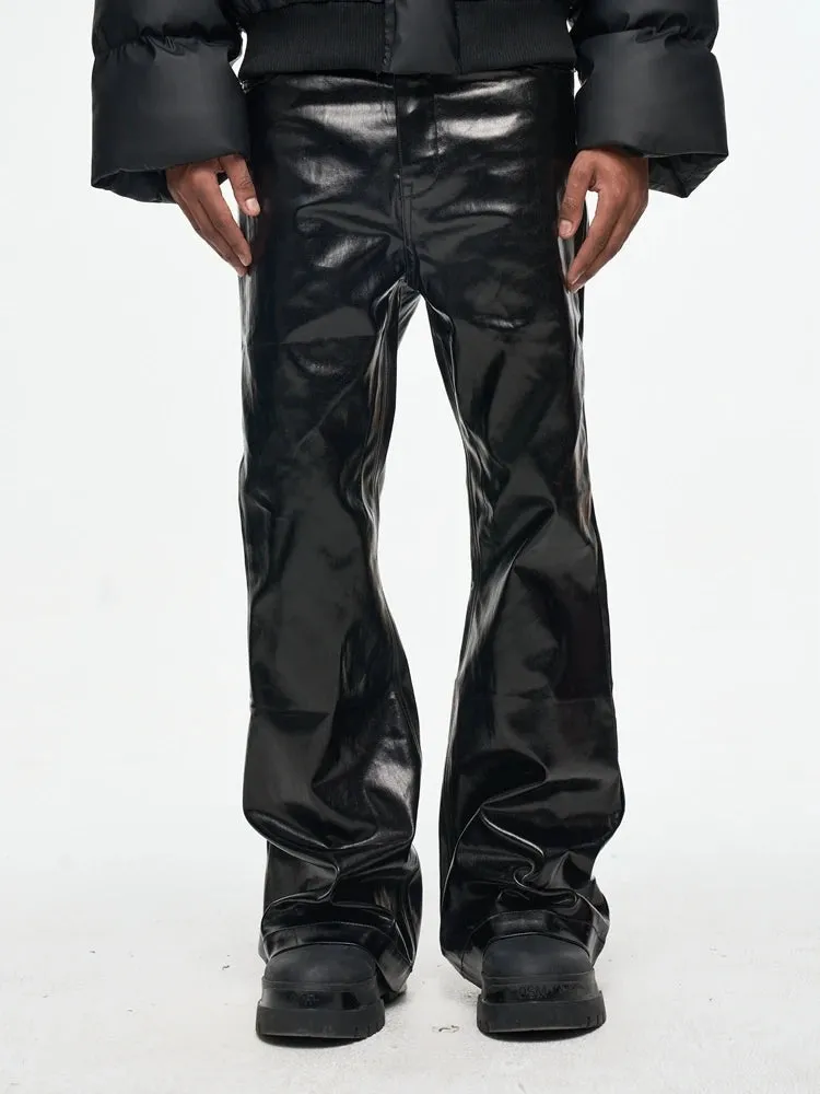 Black Glossy Patent Leather Micro-lapped Jeans Streetwear Tactical Pants