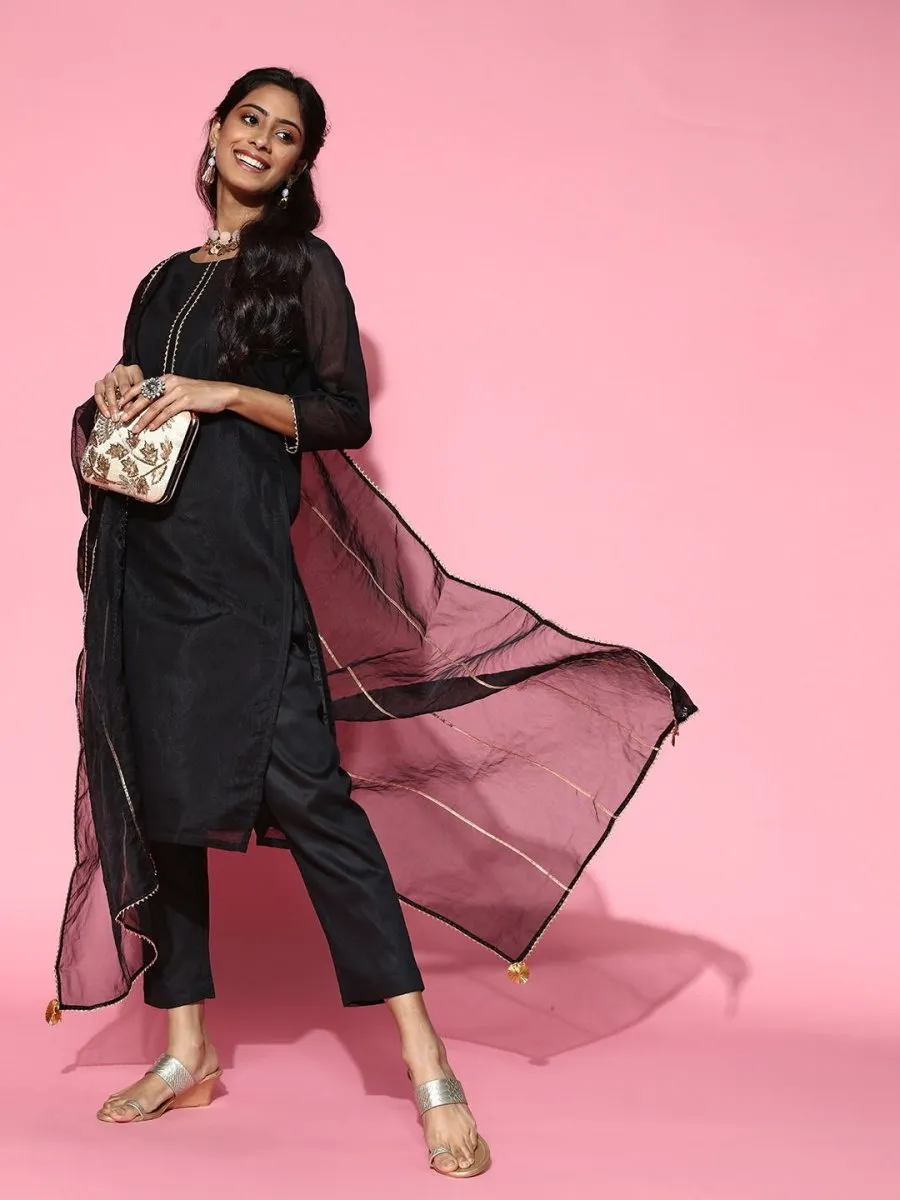 Black Gotta Detail Kurta with Pants and Organza Dupatta