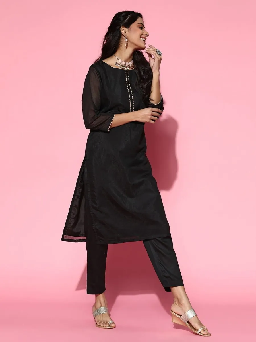 Black Gotta Detail Kurta with Pants and Organza Dupatta