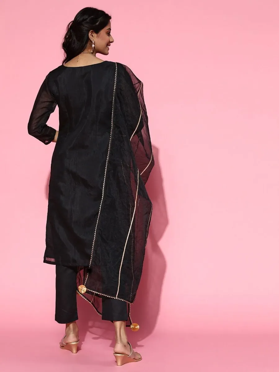 Black Gotta Detail Kurta with Pants and Organza Dupatta