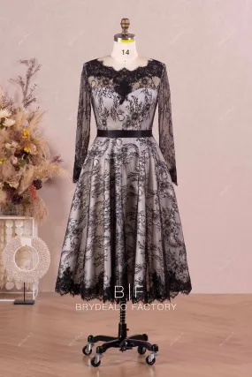 Black Lace Overlaid Long Sleeves Classic Tea-Length Bridal Dress