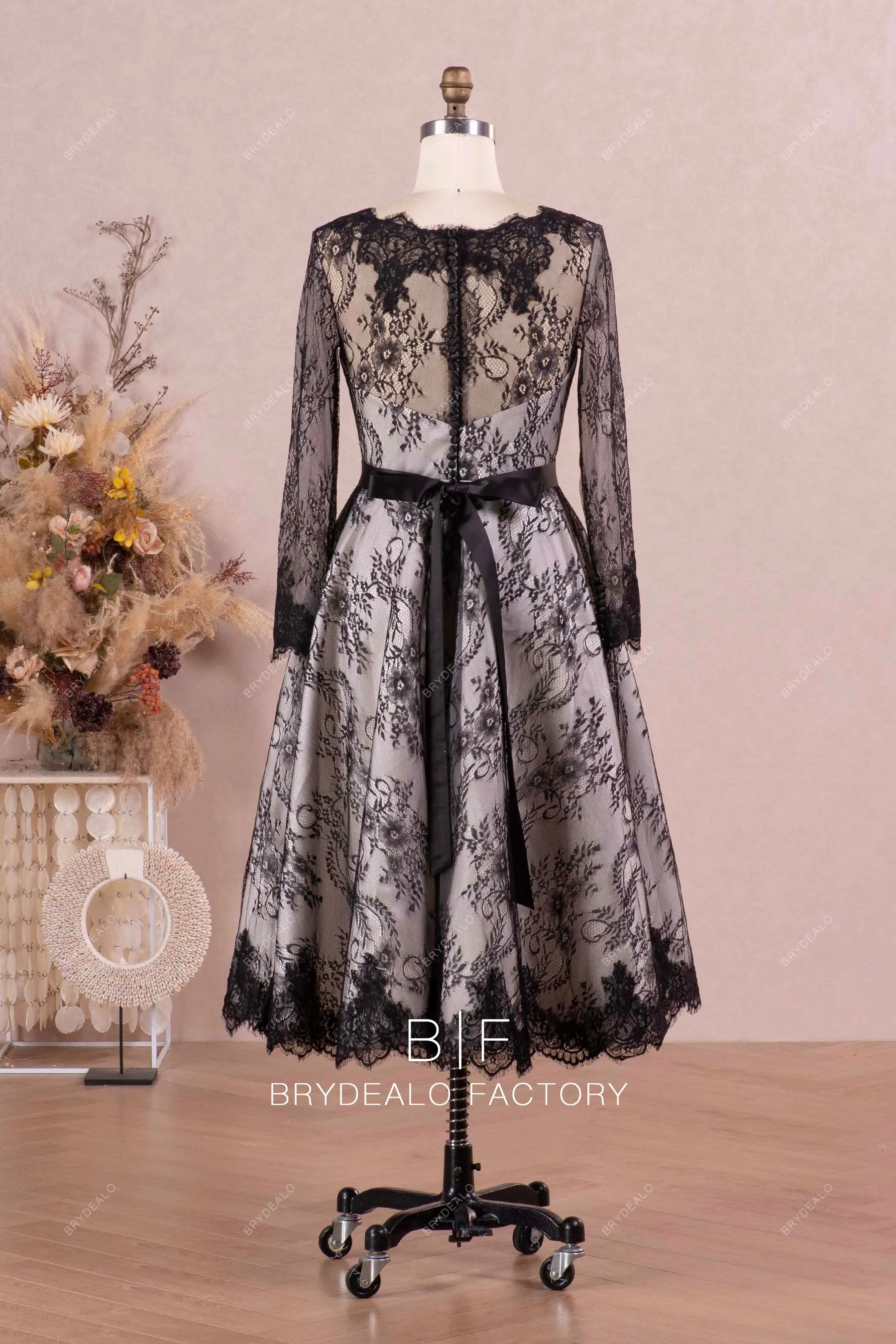 Black Lace Overlaid Long Sleeves Classic Tea-Length Bridal Dress