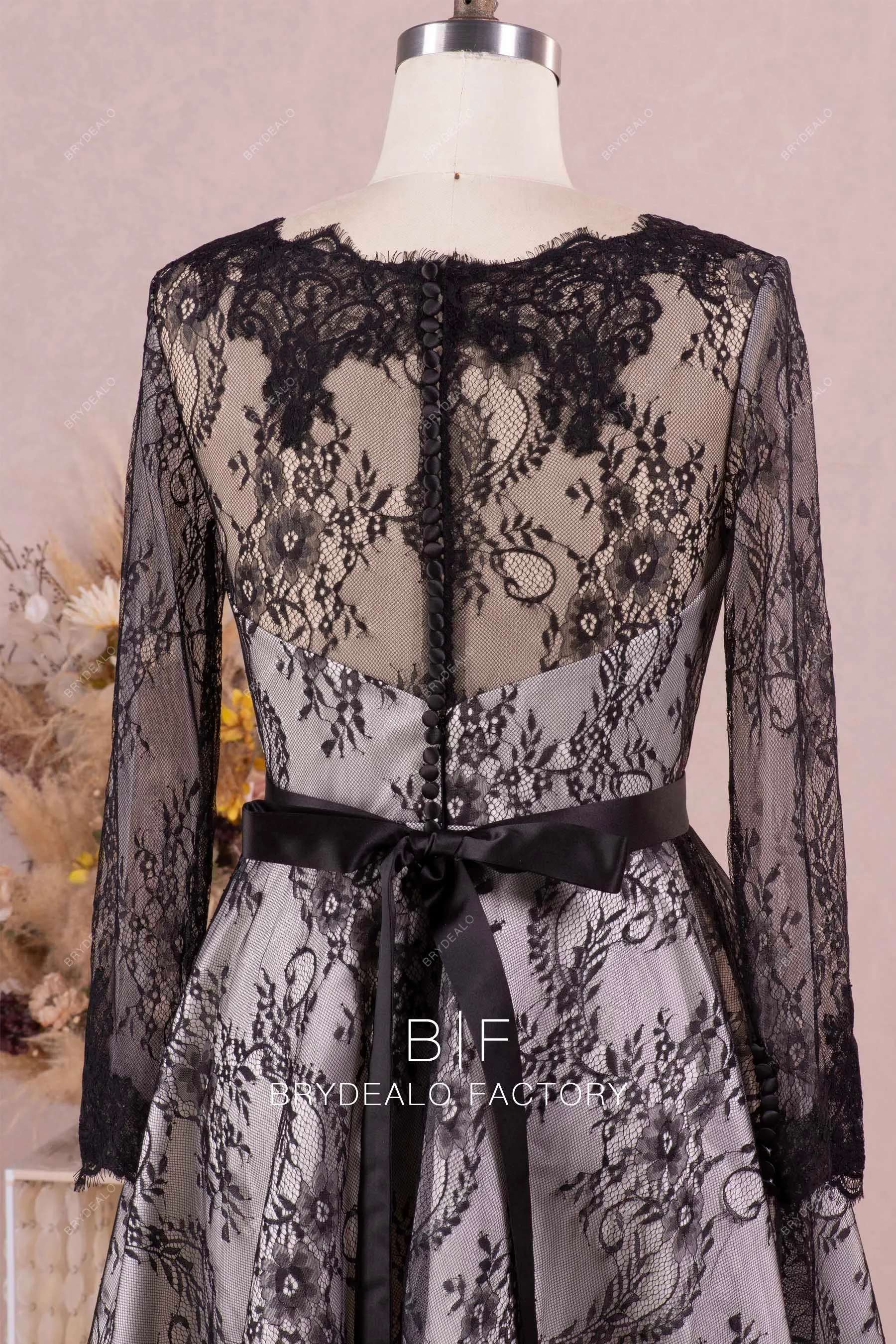 Black Lace Overlaid Long Sleeves Classic Tea-Length Bridal Dress