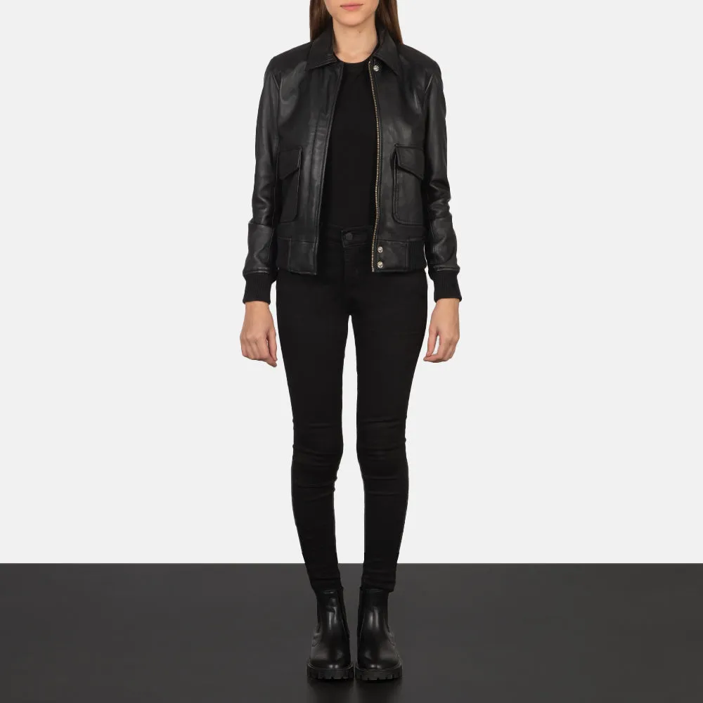 Black Leather Women's Bomber Jacket