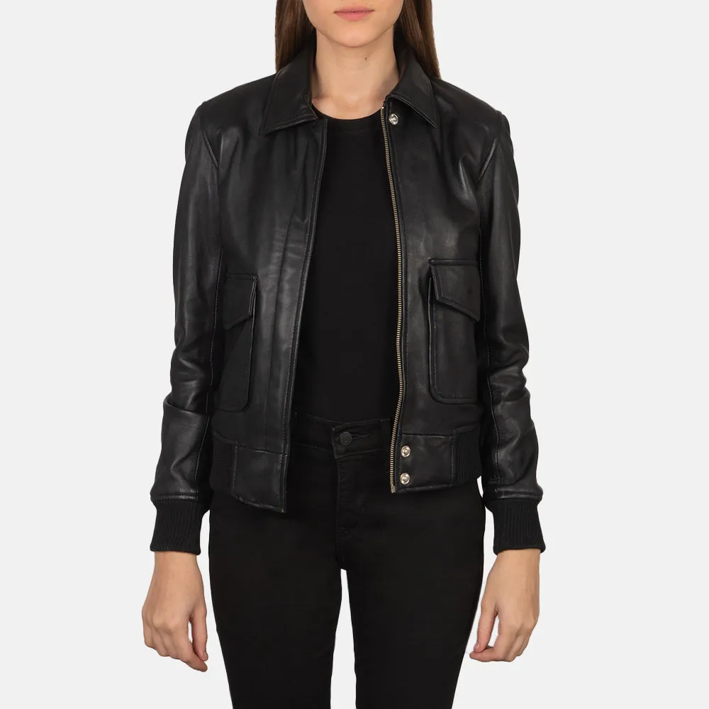 Black Leather Women's Bomber Jacket