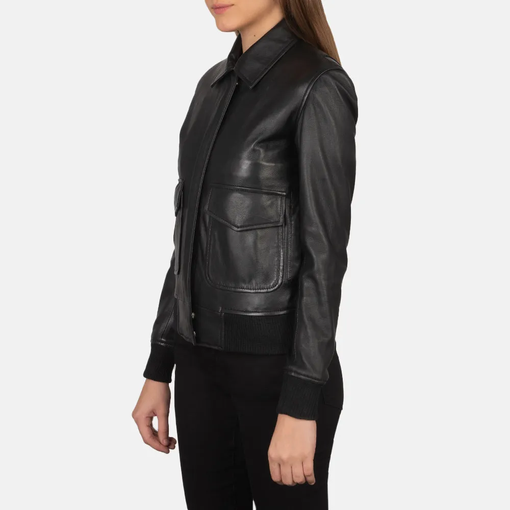 Black Leather Women's Bomber Jacket