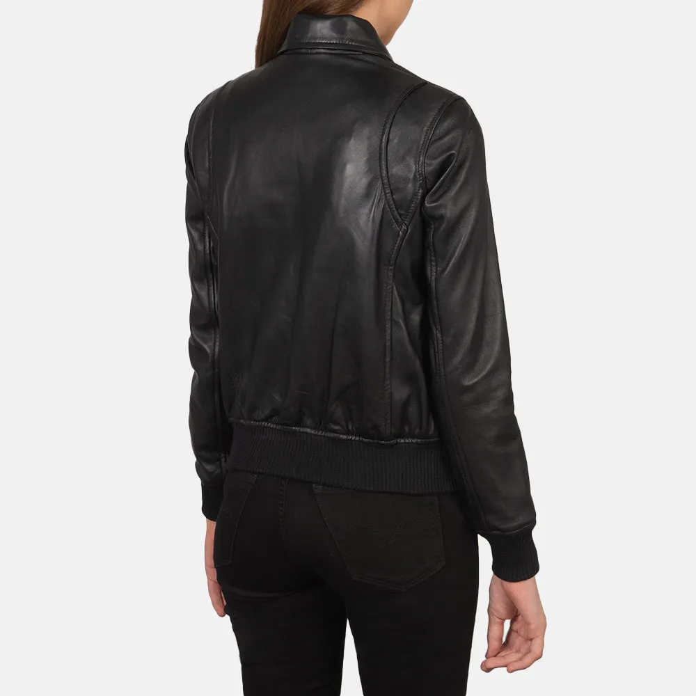 Black Leather Women's Bomber Jacket