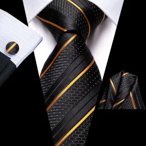 Black Necktie Gold Stripes Hi-Tie Mens Tie Pocket Square Cufflinks Set