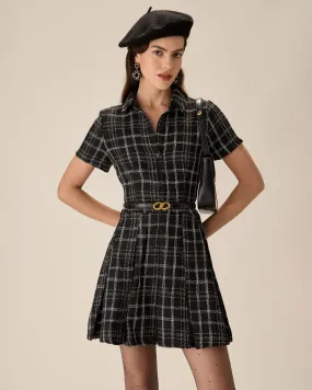 Black Plaid Tweed Mini Dress