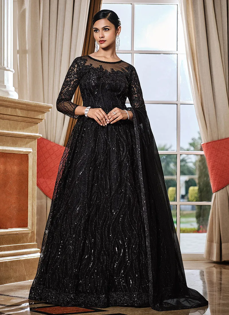 Black Sequence Embroidered Designer Anarkali Lehenga/Pant Suit