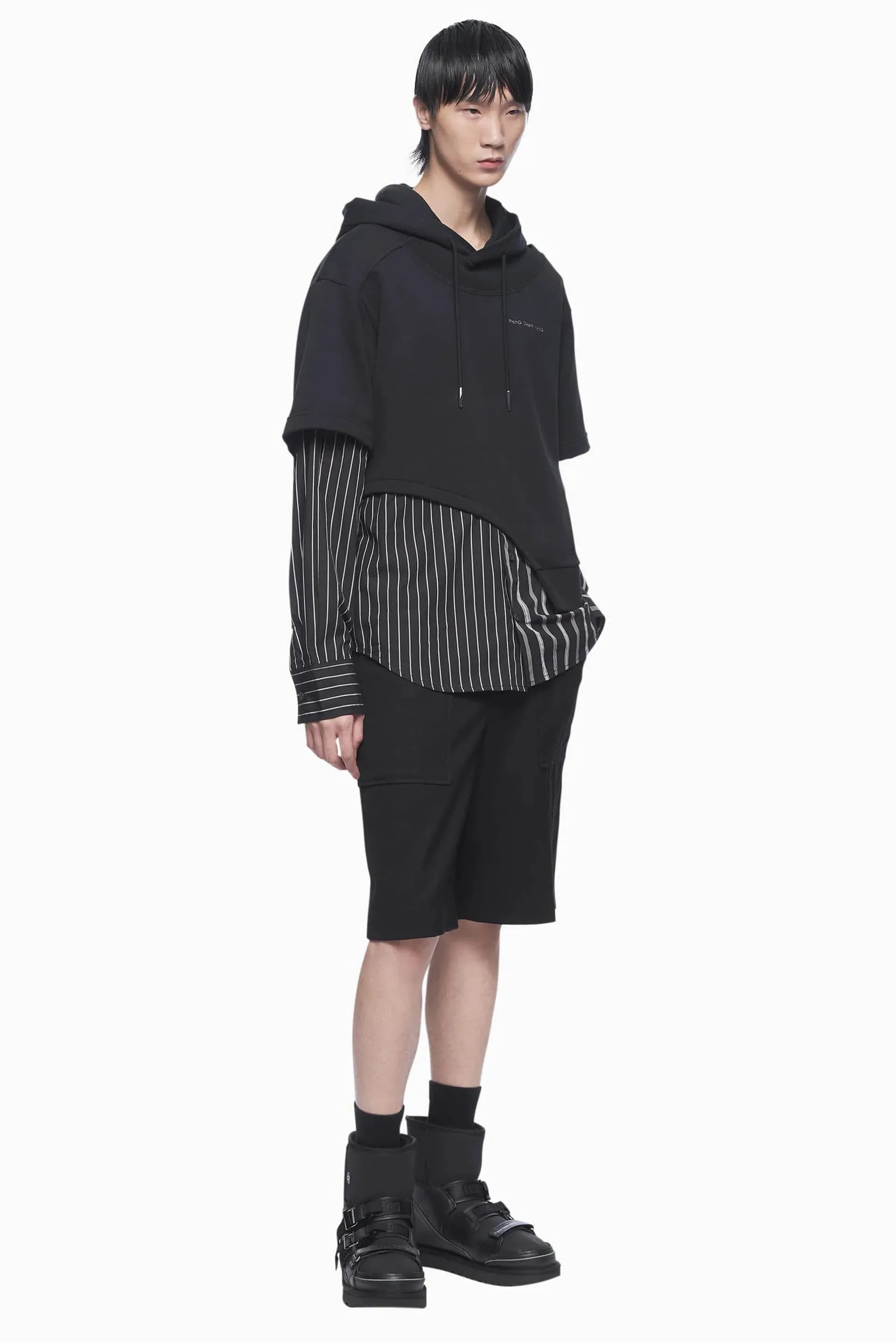 Black Shirting Panelled Hoodie