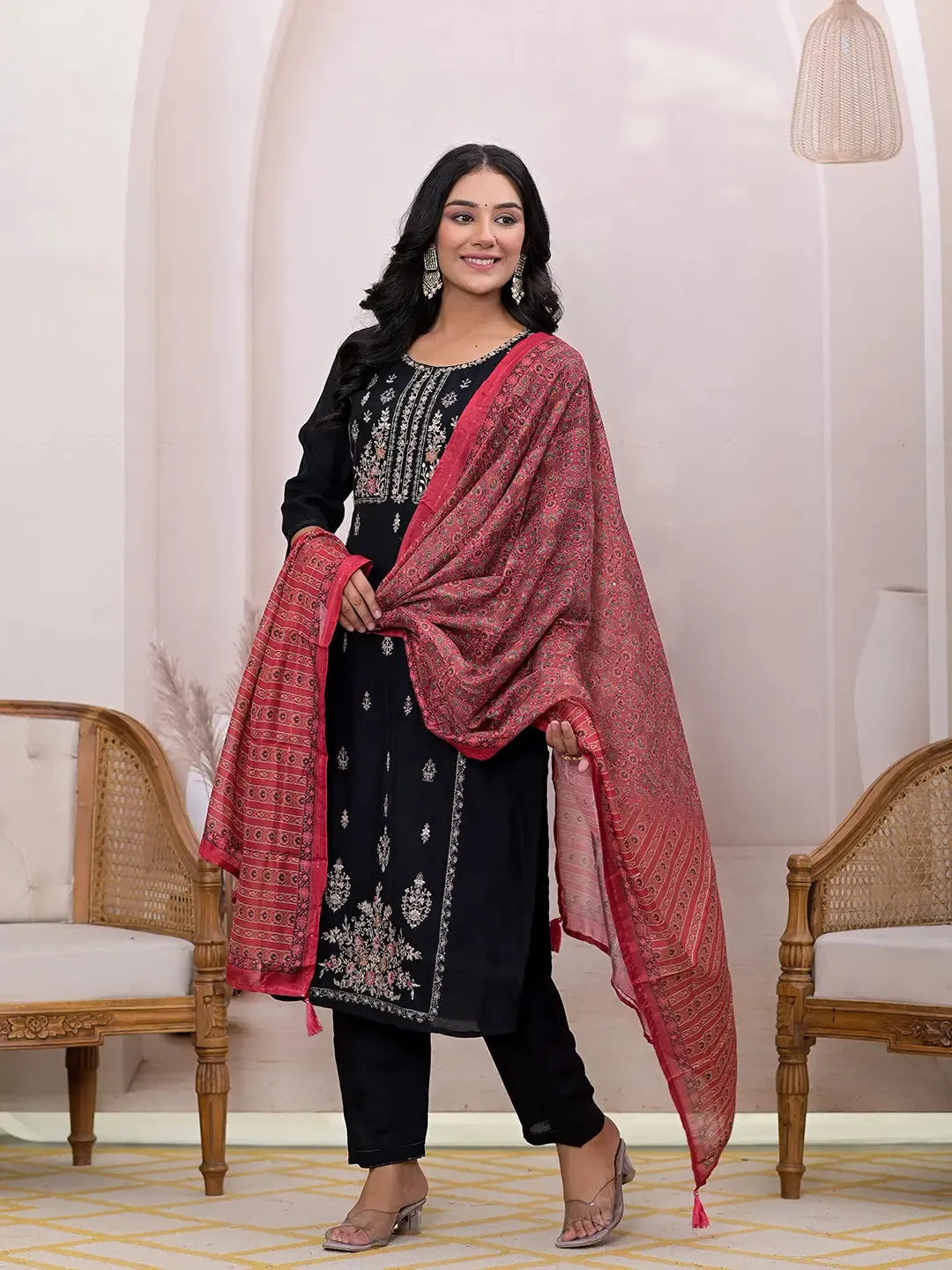 Black Silk Blend Floral Embroidered Straight Shape Suit Set with Dupatta