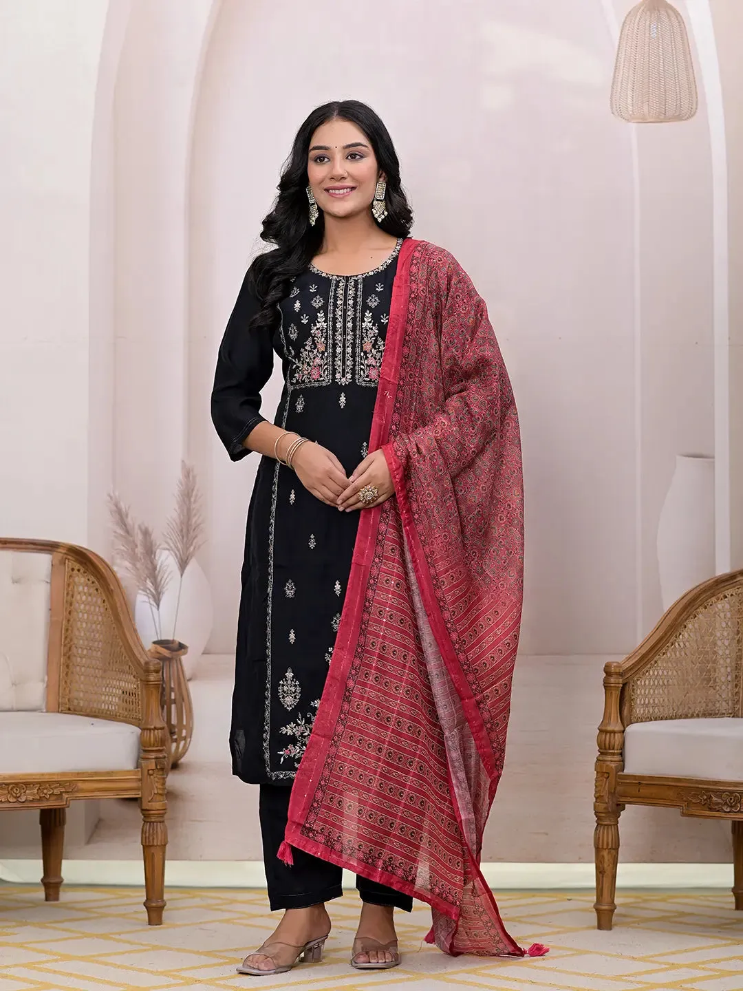 Black Silk Blend Floral Embroidered Straight Shape Suit Set with Dupatta