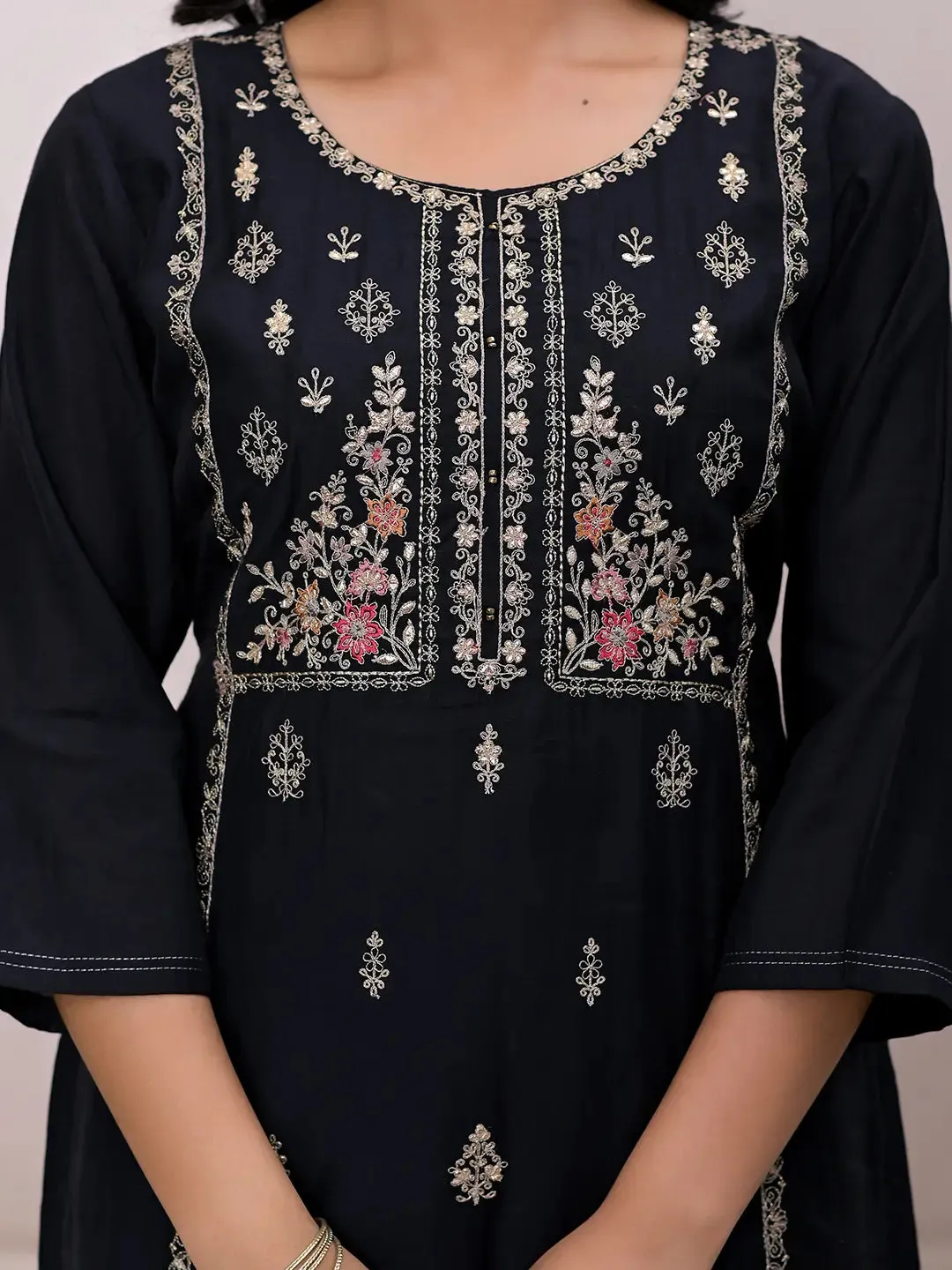 Black Silk Blend Floral Embroidered Straight Shape Suit Set with Dupatta