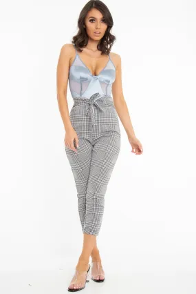 Black White Houndstooth Tie Waist Straight Leg Trousers - Sylvi