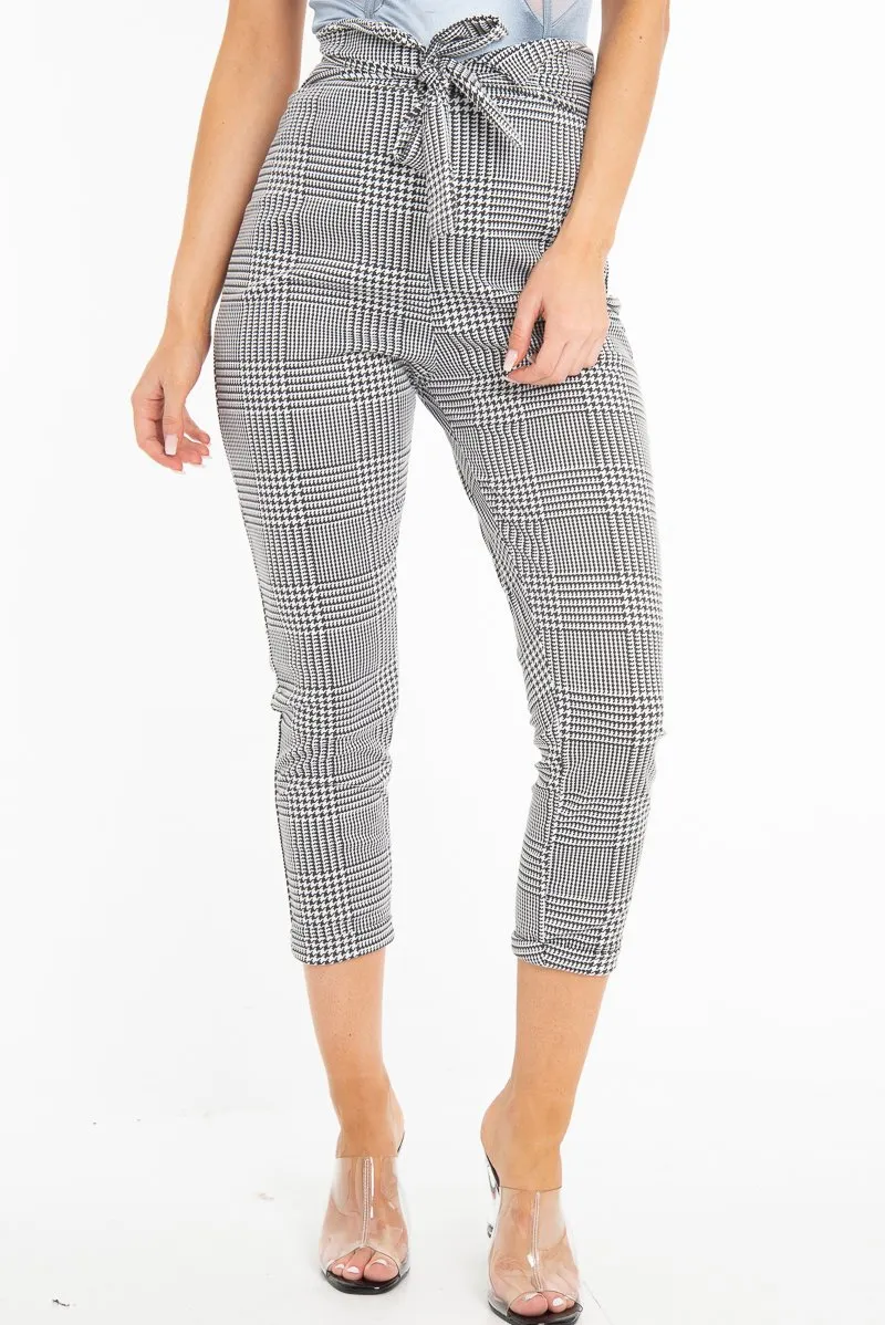 Black White Houndstooth Tie Waist Straight Leg Trousers - Sylvi