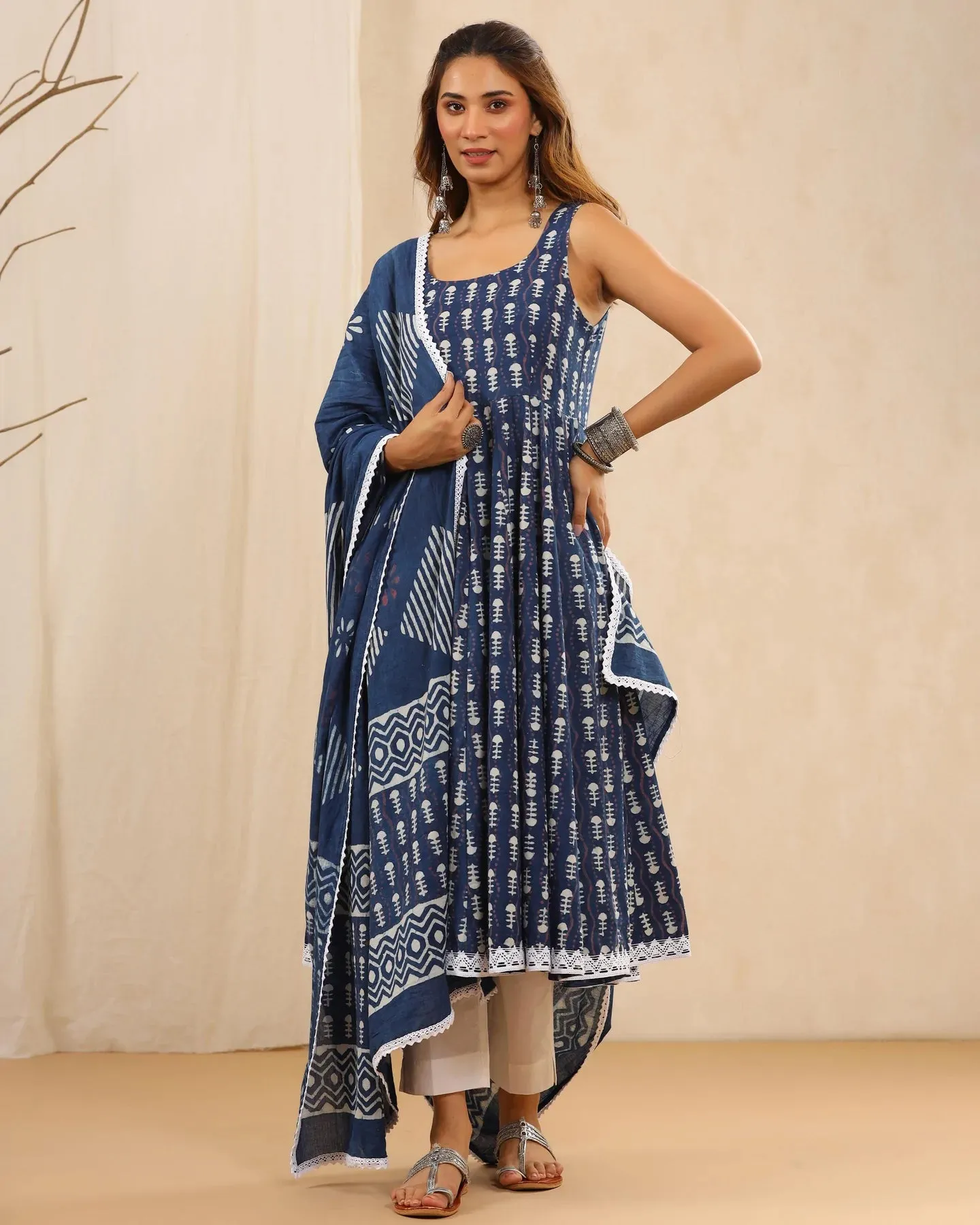 Blue & White Cotton Printed Anarkali Suit Set with Dupatta