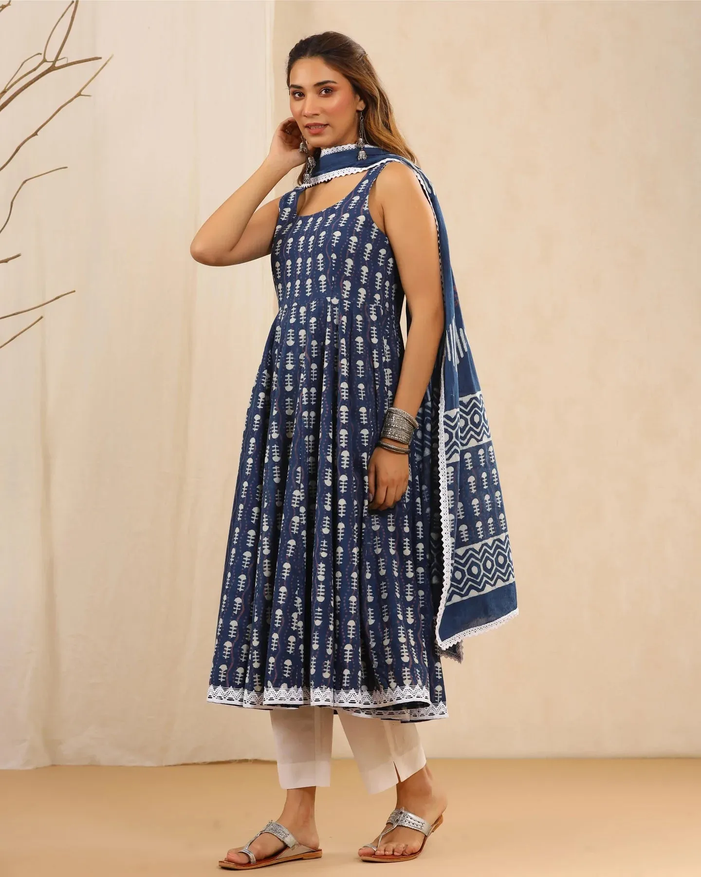 Blue & White Cotton Printed Anarkali Suit Set with Dupatta