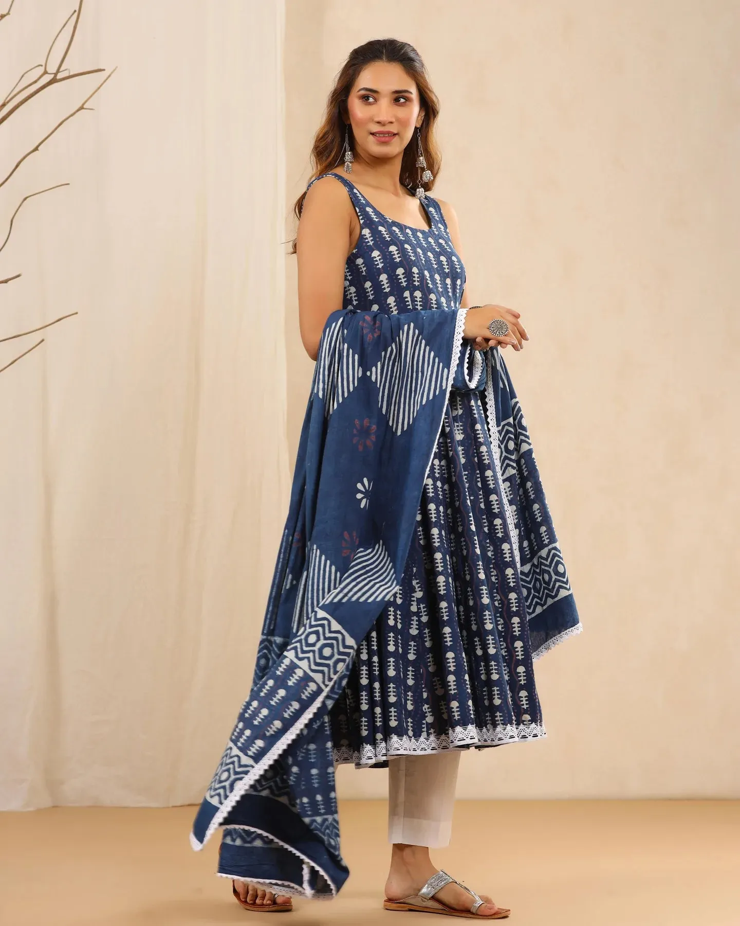 Blue & White Cotton Printed Anarkali Suit Set with Dupatta