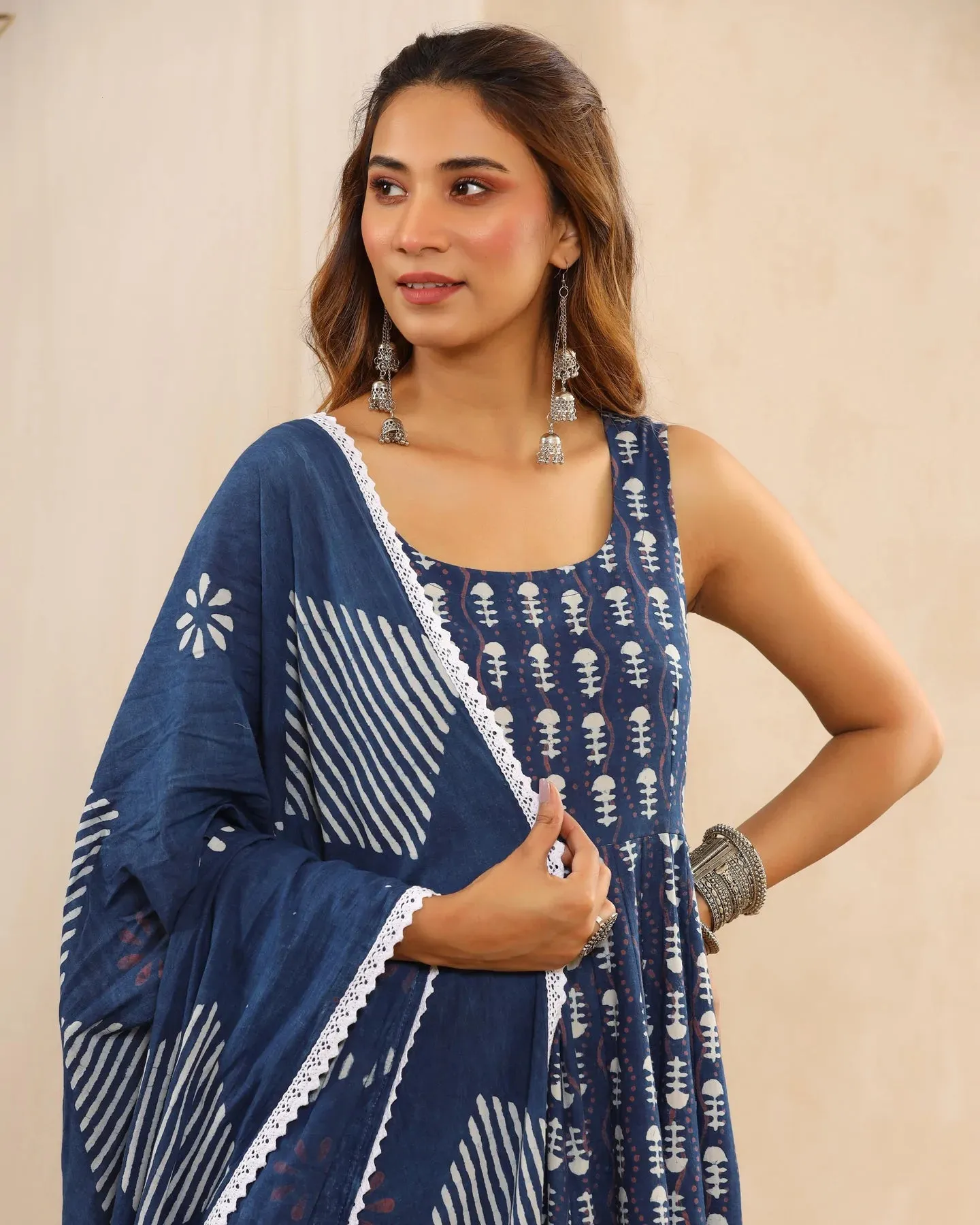 Blue & White Cotton Printed Anarkali Suit Set with Dupatta