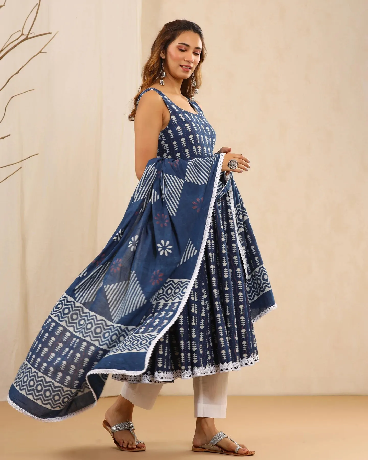 Blue & White Cotton Printed Anarkali Suit Set with Dupatta