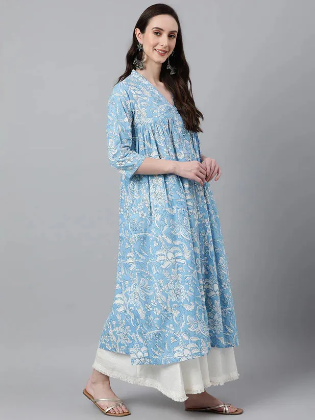 Blue Cotton Floral Print Kurta