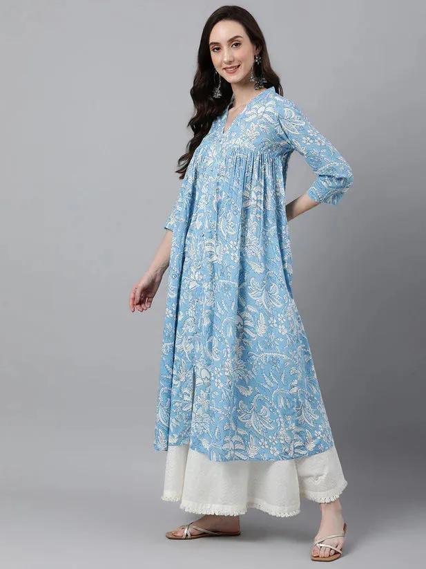 Blue Cotton Floral Print Kurta