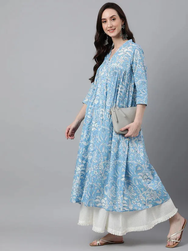 Blue Cotton Floral Print Kurta