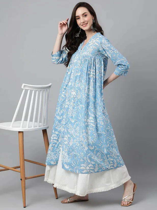 Blue Cotton Floral Print Kurta