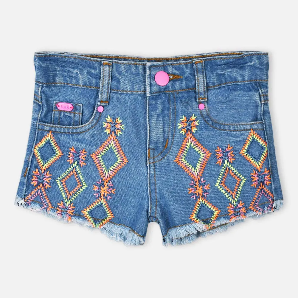 Blue Embroidered Raw Hem Shorts