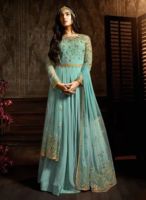 Blue Golden Floral Plaited Anarkali Suit