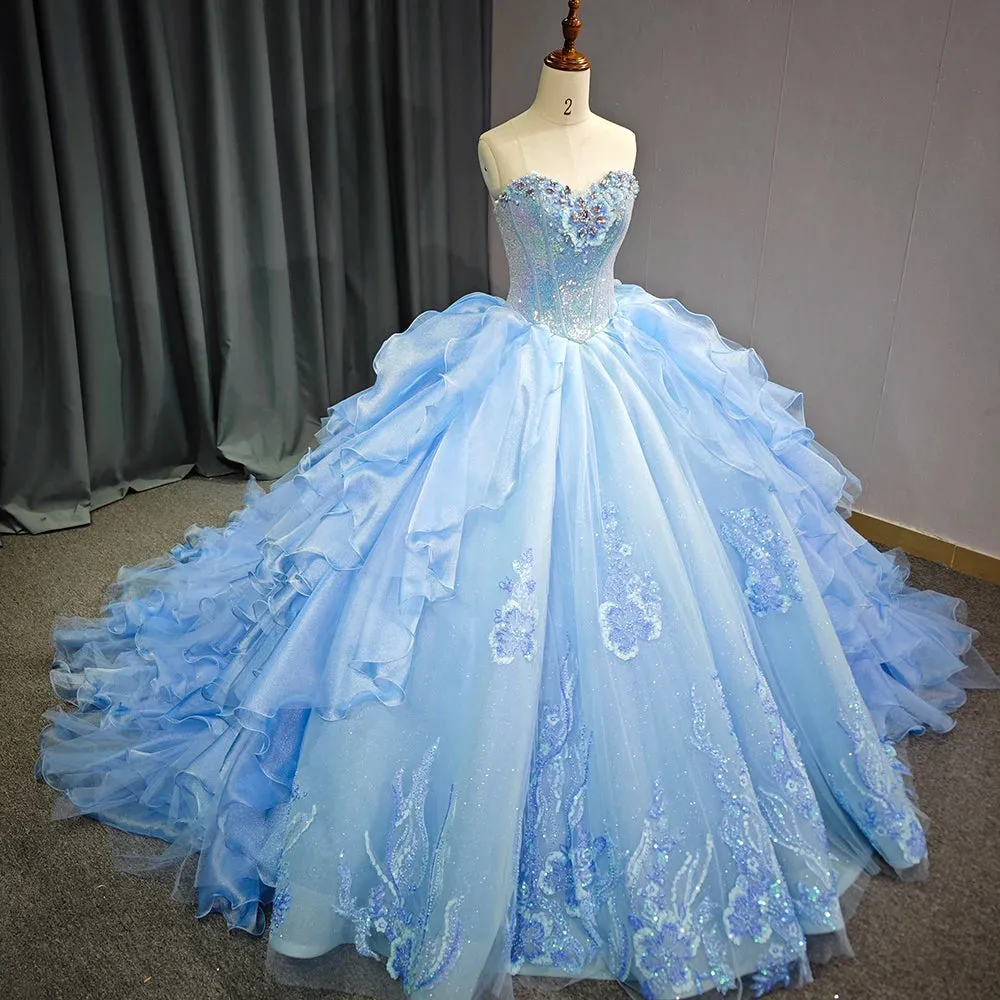 Blue Quinceanera Dress with pleats and flowers