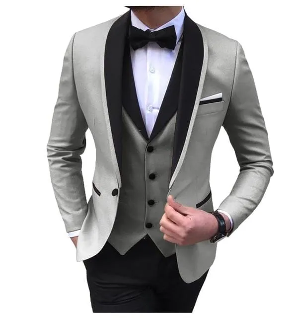 Blue Slit Mens Suits 3 Piece Black Shawl Lapel Casual Tuxedos for Wedding Groomsmen Suits Men 2020 (Blazer Vest Pant)