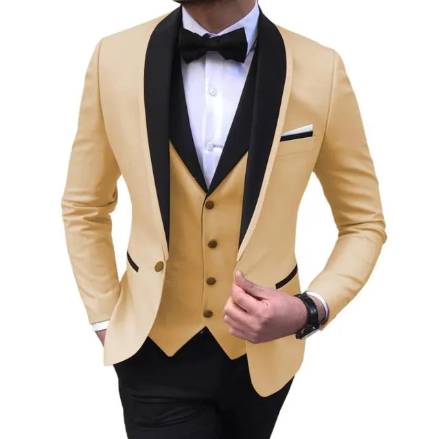 Blue Slit Mens Suits 3 Piece Black Shawl Lapel Casual Tuxedos for Wedding Groomsmen Suits Men 2020 (Blazer Vest Pant)