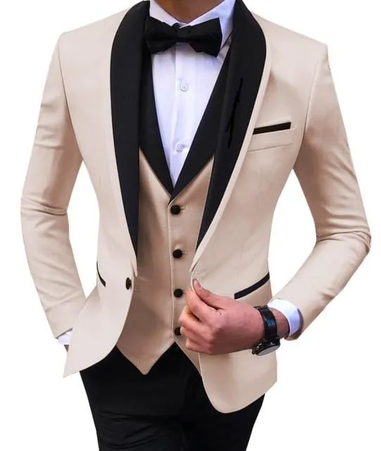 Blue Slit Mens Suits 3 Piece Black Shawl Lapel Casual Tuxedos for Wedding Groomsmen Suits Men 2020 (Blazer Vest Pant)