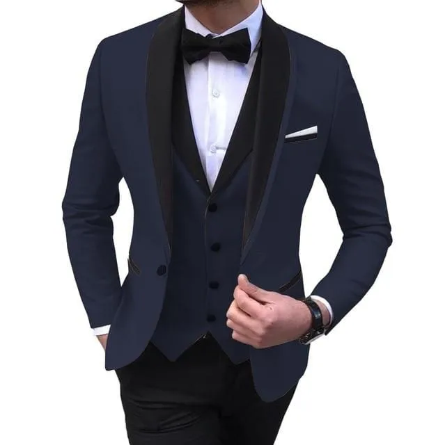 Blue Slit Mens Suits 3 Piece Black Shawl Lapel Casual Tuxedos for Wedding Groomsmen Suits Men 2020 (Blazer Vest Pant)