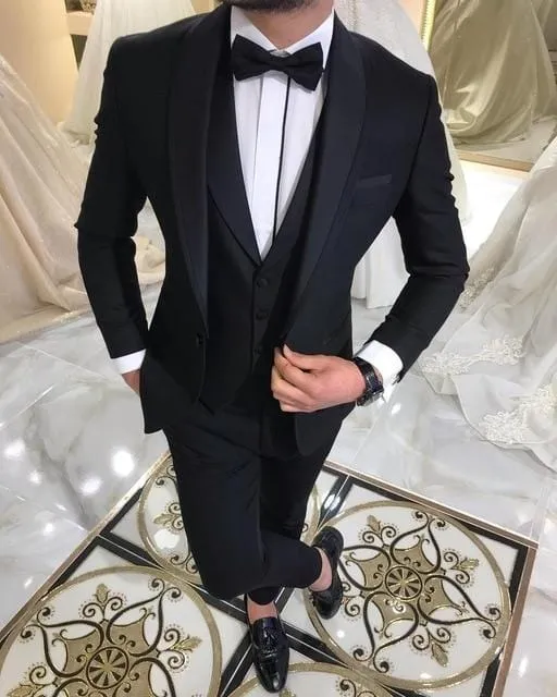 Blue Slit Mens Suits 3 Piece Black Shawl Lapel Casual Tuxedos for Wedding Groomsmen Suits Men 2020 (Blazer Vest Pant)