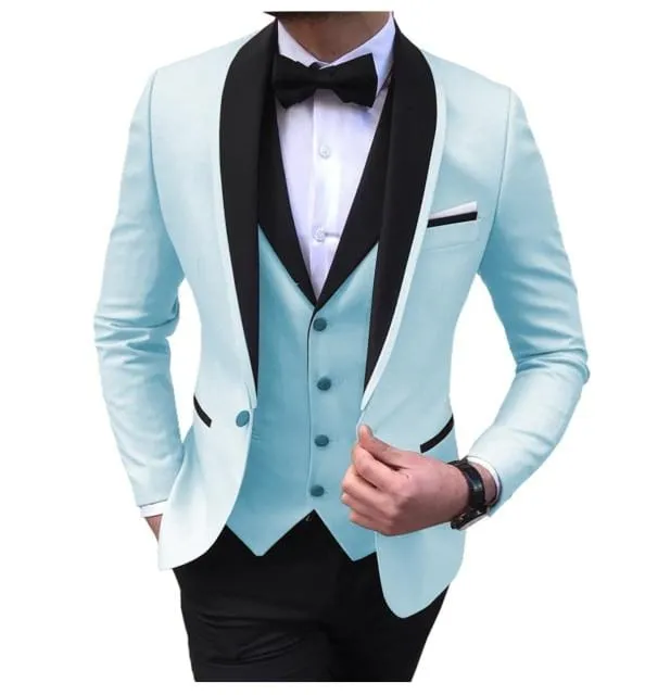 Blue Slit Mens Suits 3 Piece Black Shawl Lapel Casual Tuxedos for Wedding Groomsmen Suits Men 2020 (Blazer Vest Pant)