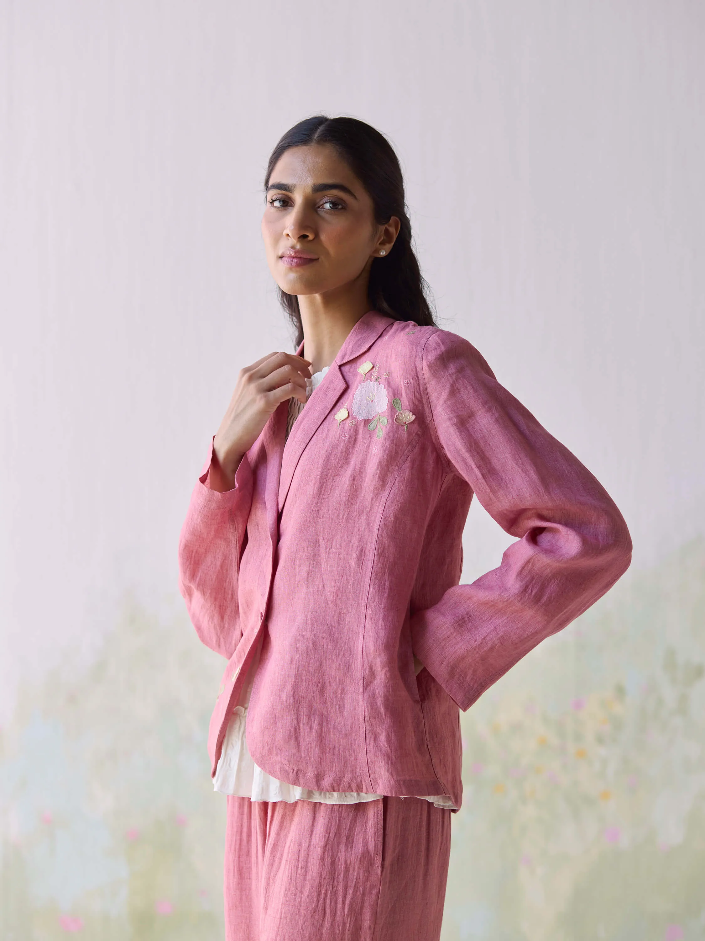 Blushing Blooms Linen Jacket