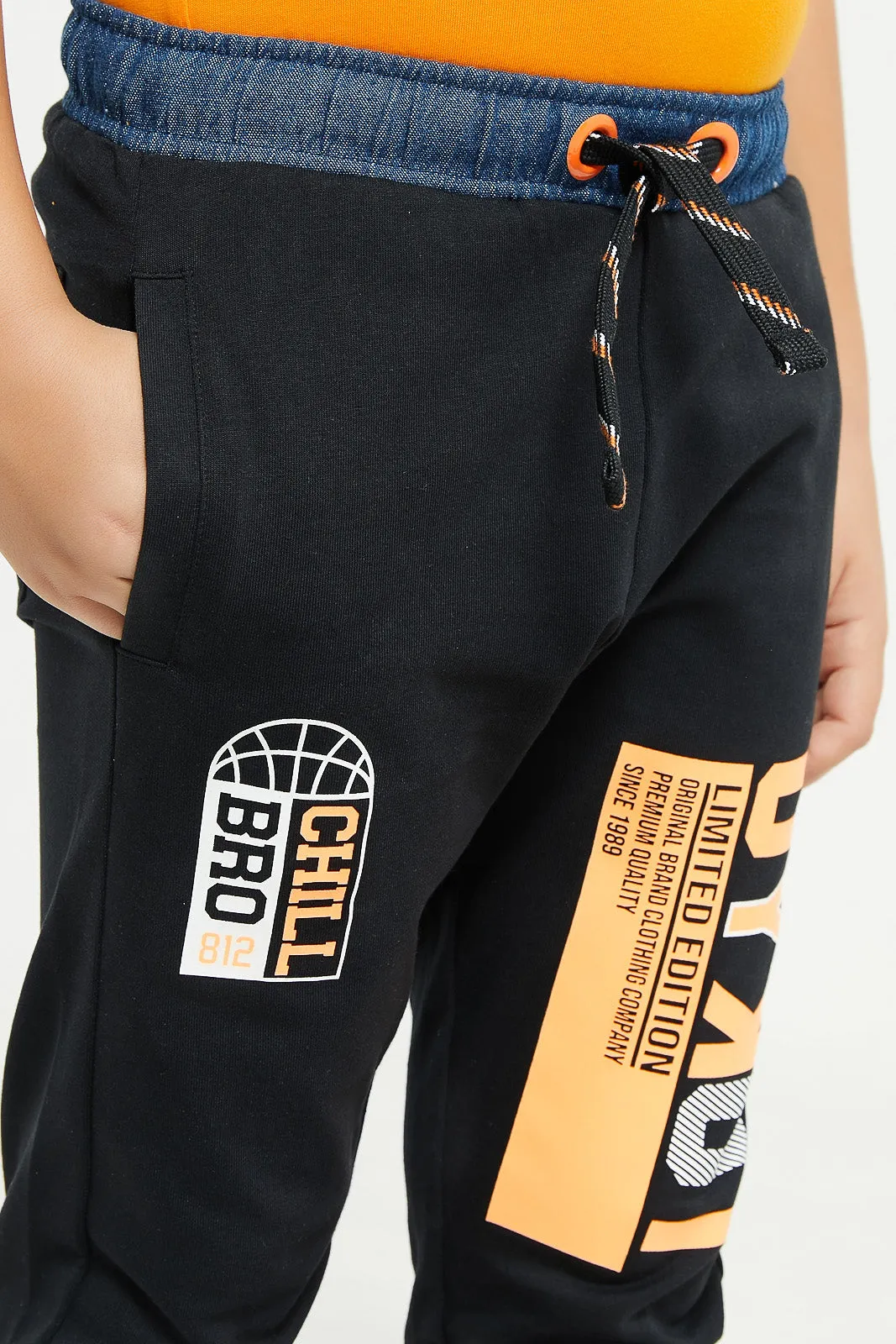 Boys Black Denim Waist Band Jog Pants