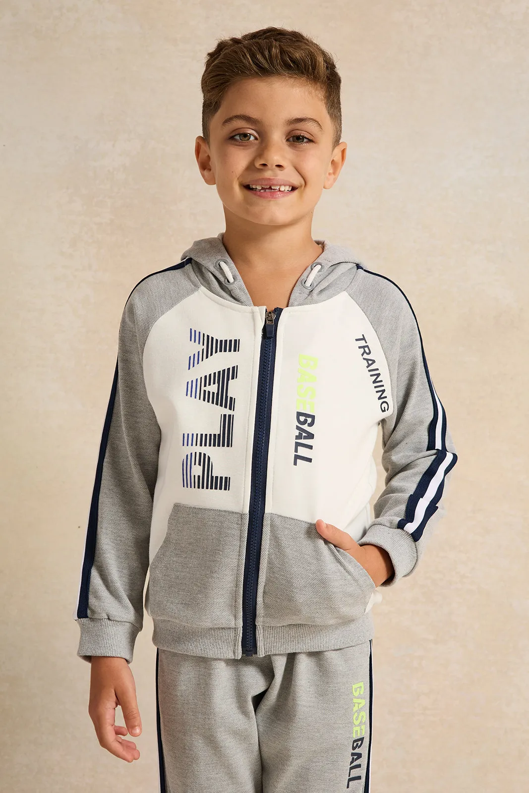 Boys Grey Raglan Sleeve Paneled Zip-Through Hooded Jog Set  (2 Piece)