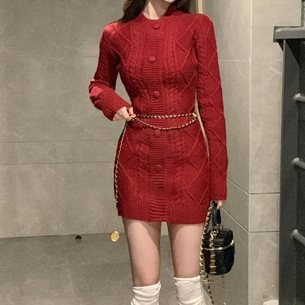 Braided Single-Breasted Crewneck Knitted Dress