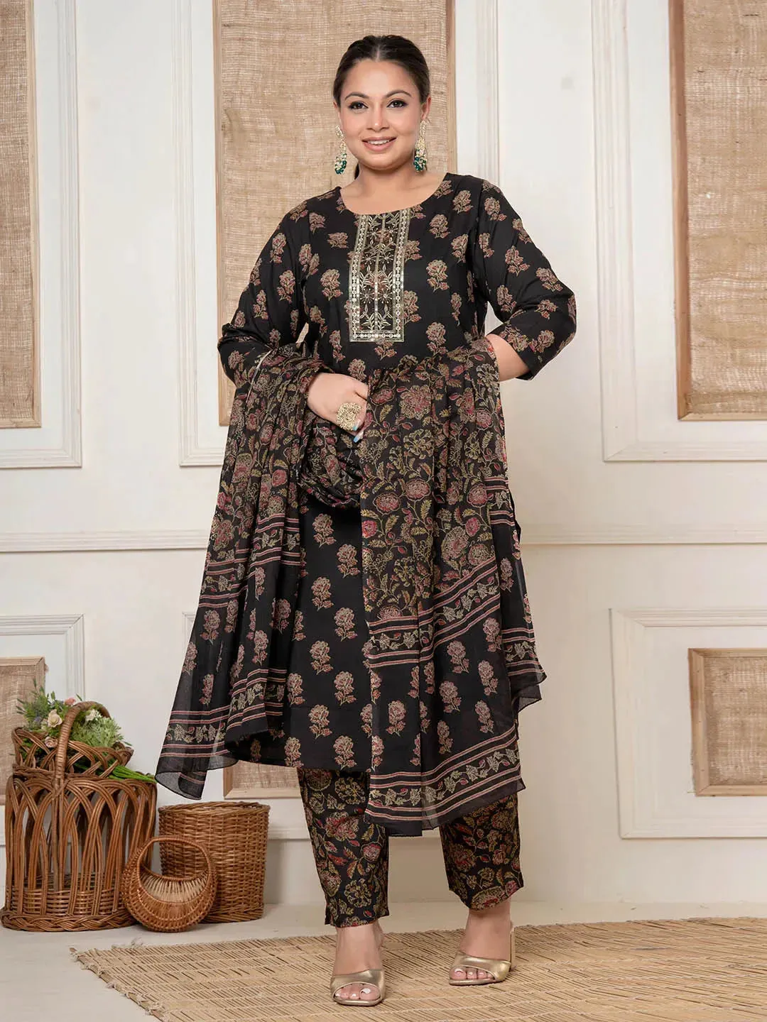 Brown Cotton Printed Embroidered Plus Size Kurta Dupatta Set