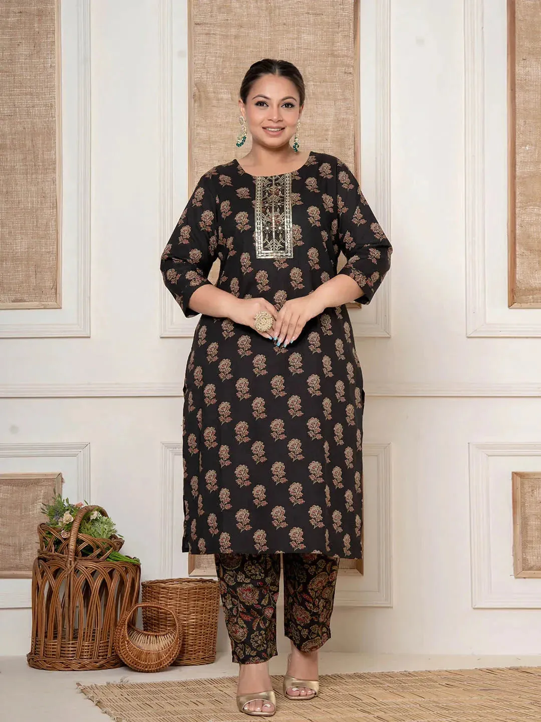 Brown Cotton Printed Embroidered Plus Size Kurta Dupatta Set