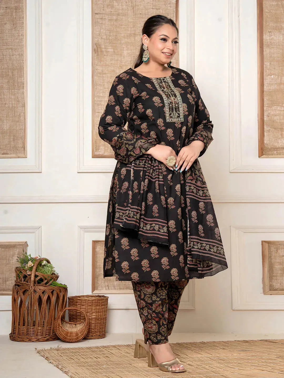 Brown Cotton Printed Embroidered Plus Size Kurta Dupatta Set