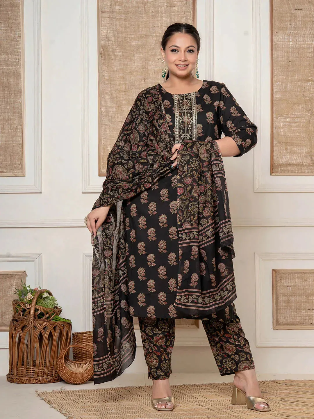 Brown Cotton Printed Embroidered Plus Size Kurta Dupatta Set