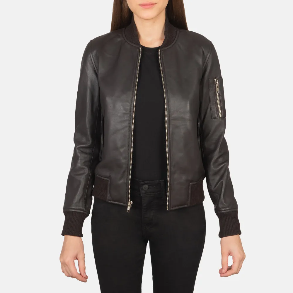 Brown Leather Women's Bomber Jacket