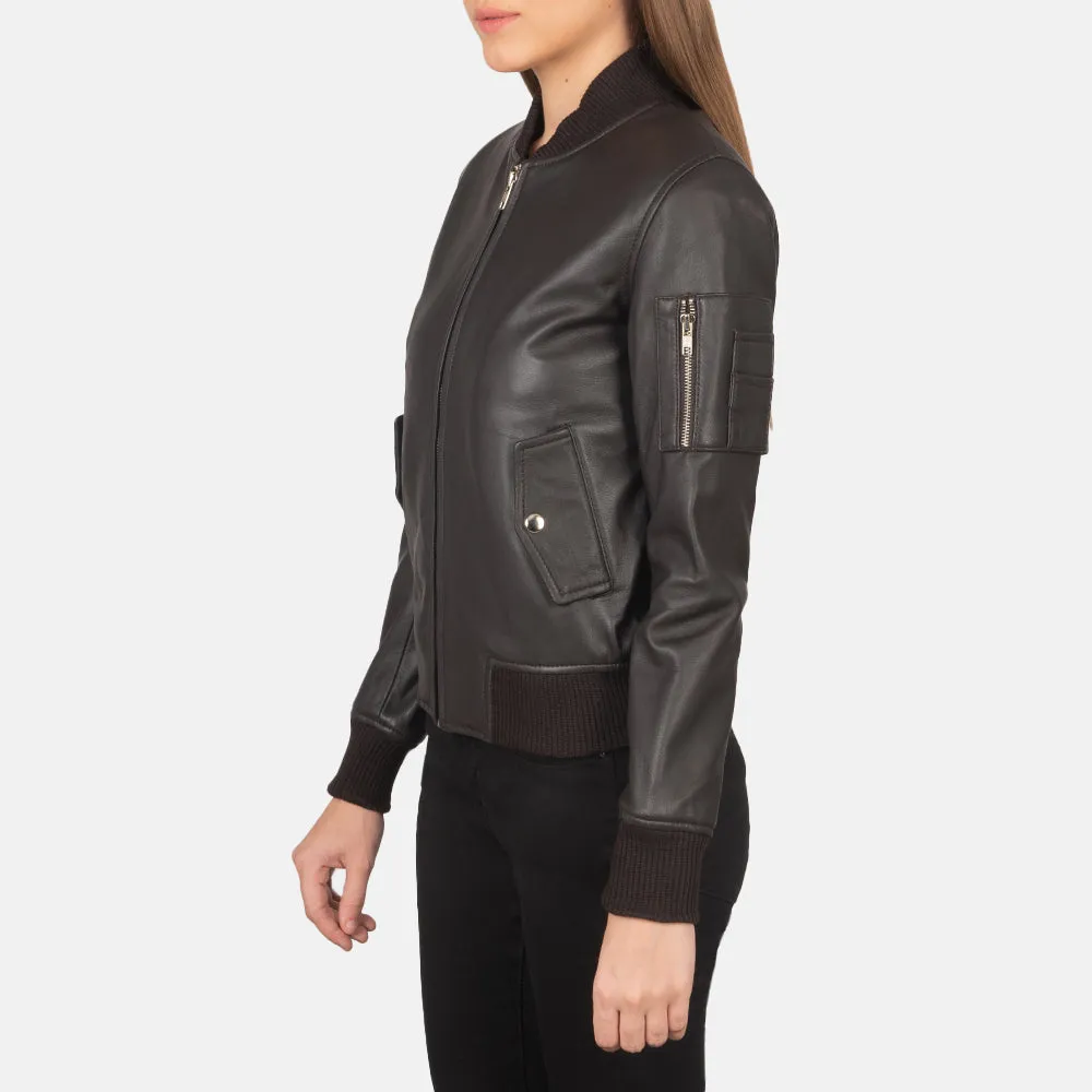 Brown Leather Women's Bomber Jacket