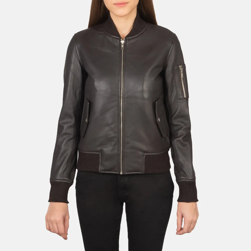 Brown Leather Women's Bomber Jacket