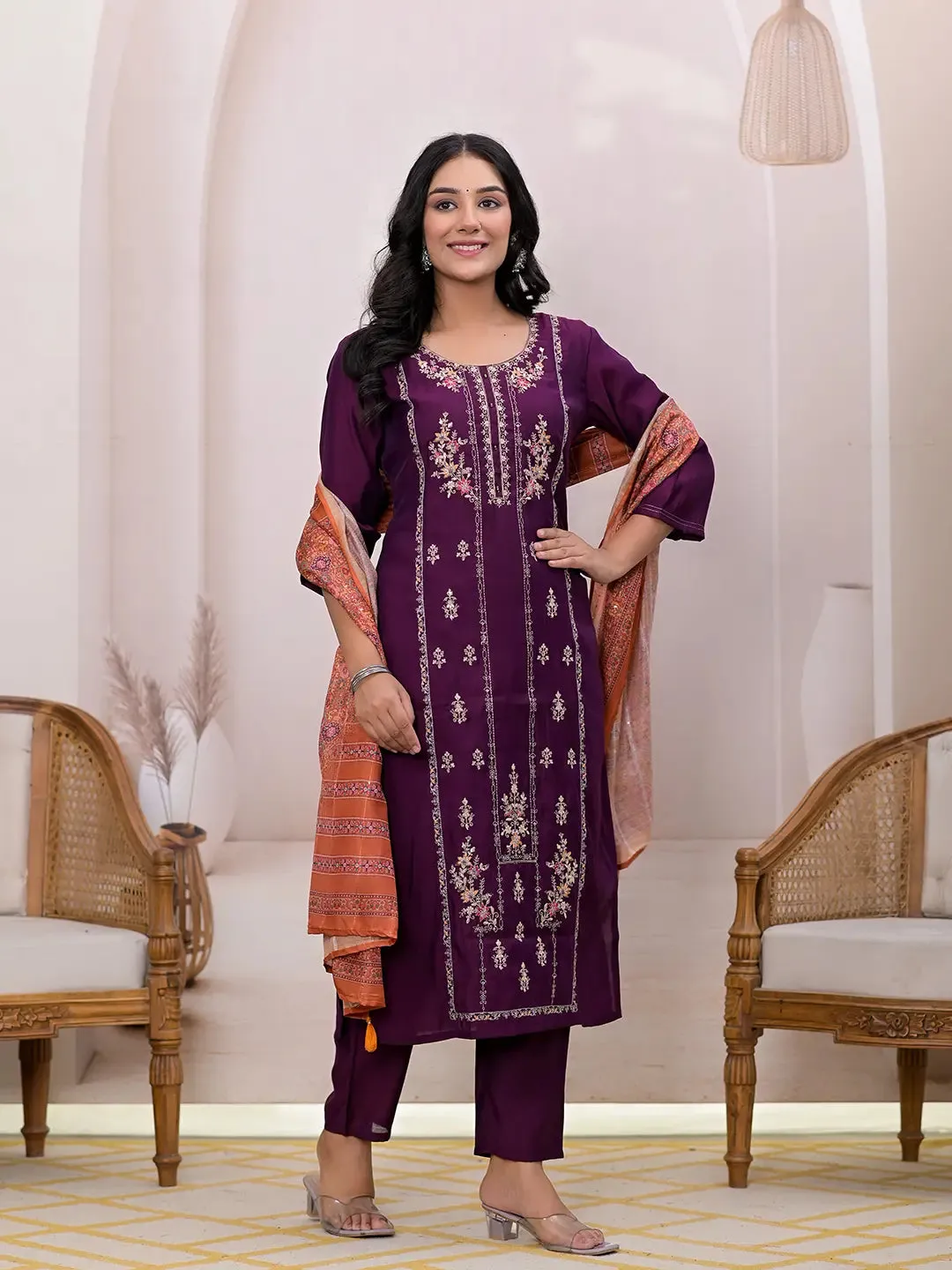 Burgundy Silk Blend Floral Embroidered Straight Shape Suit Set with Dupatta